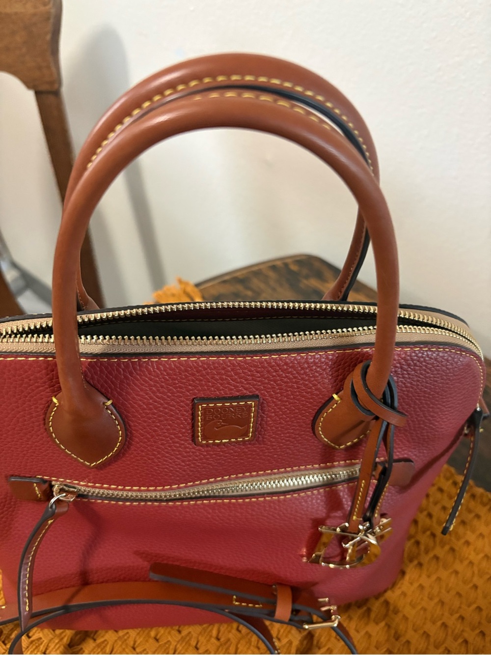 Dooney & Bourke Red Pebbled Leather Satchel with Brown Trim